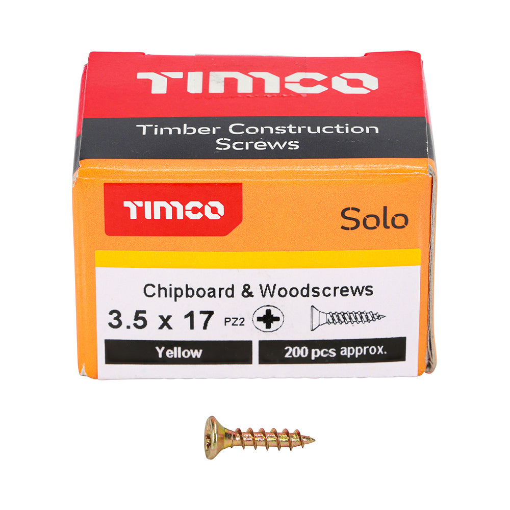 3.5 x 17 Solo Chipboard & Woodscrews - PZ - Double Countersunk - Yellow