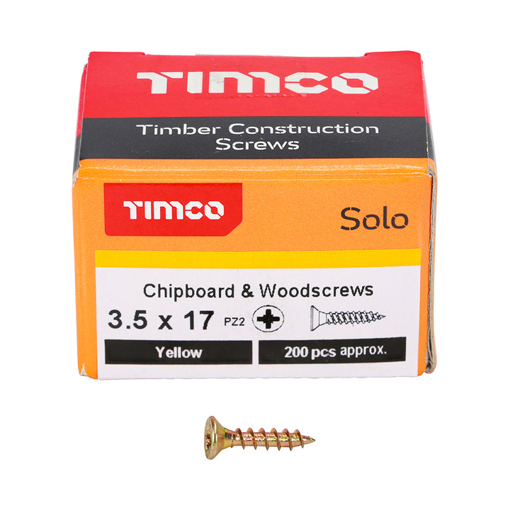 3.5 x 17 Solo Chipboard & Woodscrews - PZ - Double Countersunk - Yellow