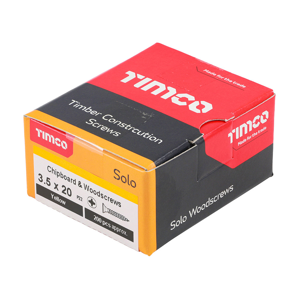 3.5 x 20 Solo Chipboard & Woodscrews - PZ - Double Countersunk - Yellow