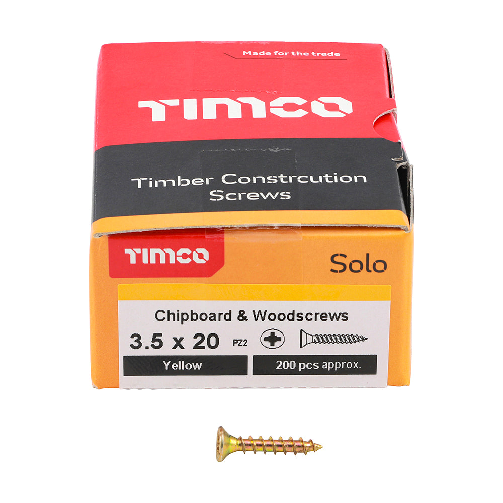 3.5 x 20 Solo Chipboard & Woodscrews - PZ - Double Countersunk - Yellow