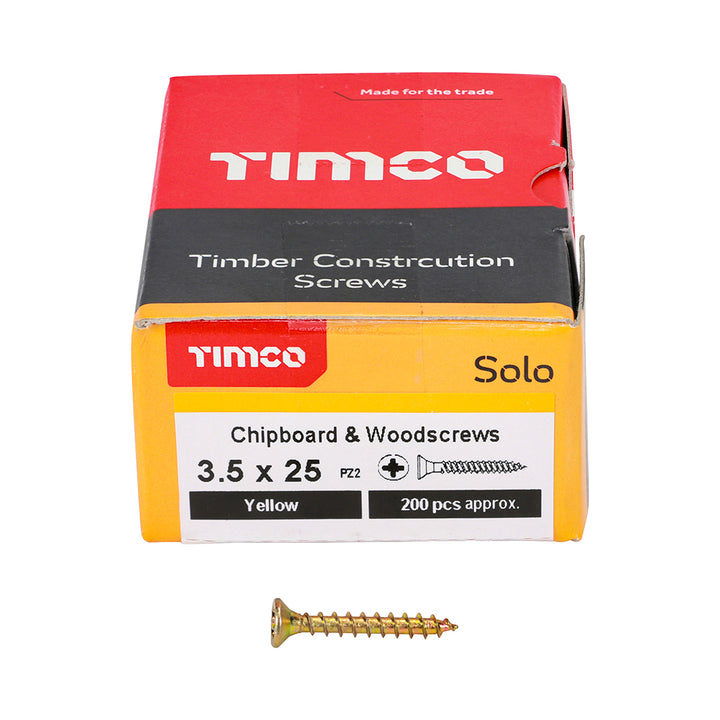 3.5 x 25 Solo Chipboard & Woodscrews - PZ - Double Countersunk - Yellow