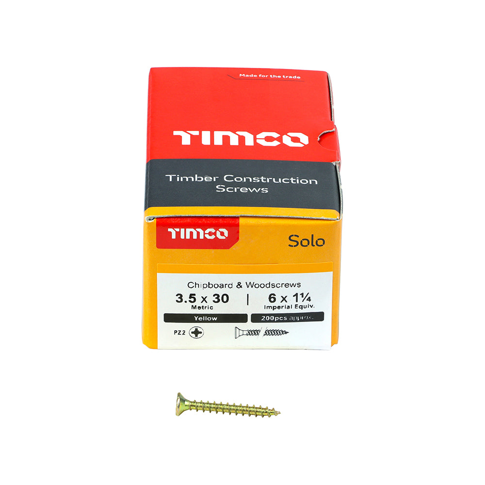 3.5 x 30 Solo Chipboard & Woodscrews - PZ - Double Countersunk - Yellow