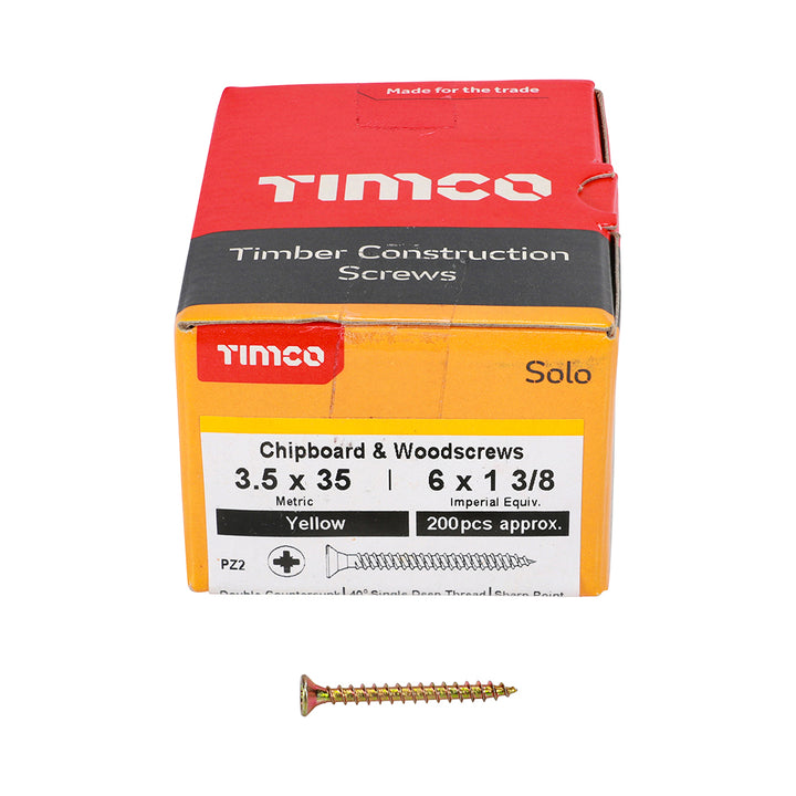 3.5 x 35 Solo Chipboard & Woodscrews - PZ - Double Countersunk - Yellow
