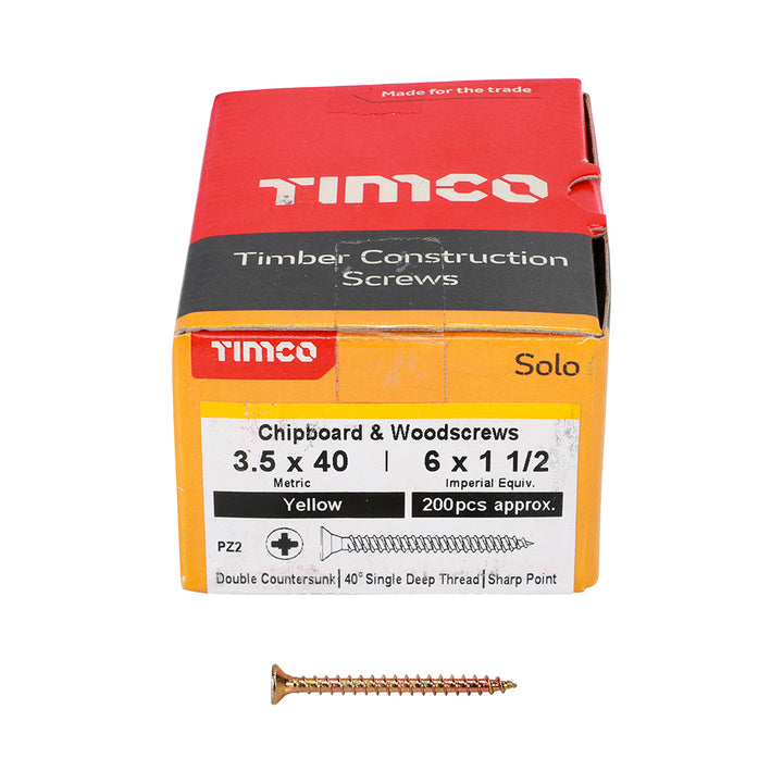 3.5 x 40 Solo Chipboard & Woodscrews - PZ - Double Countersunk - Yellow