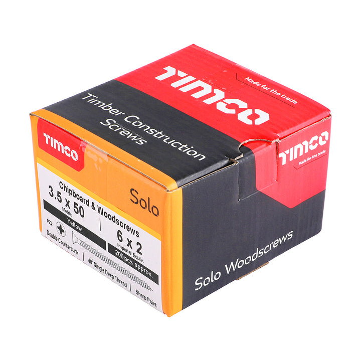 3.5 x 50 Solo Chipboard & Woodscrews - PZ - Double Countersunk - Yellow