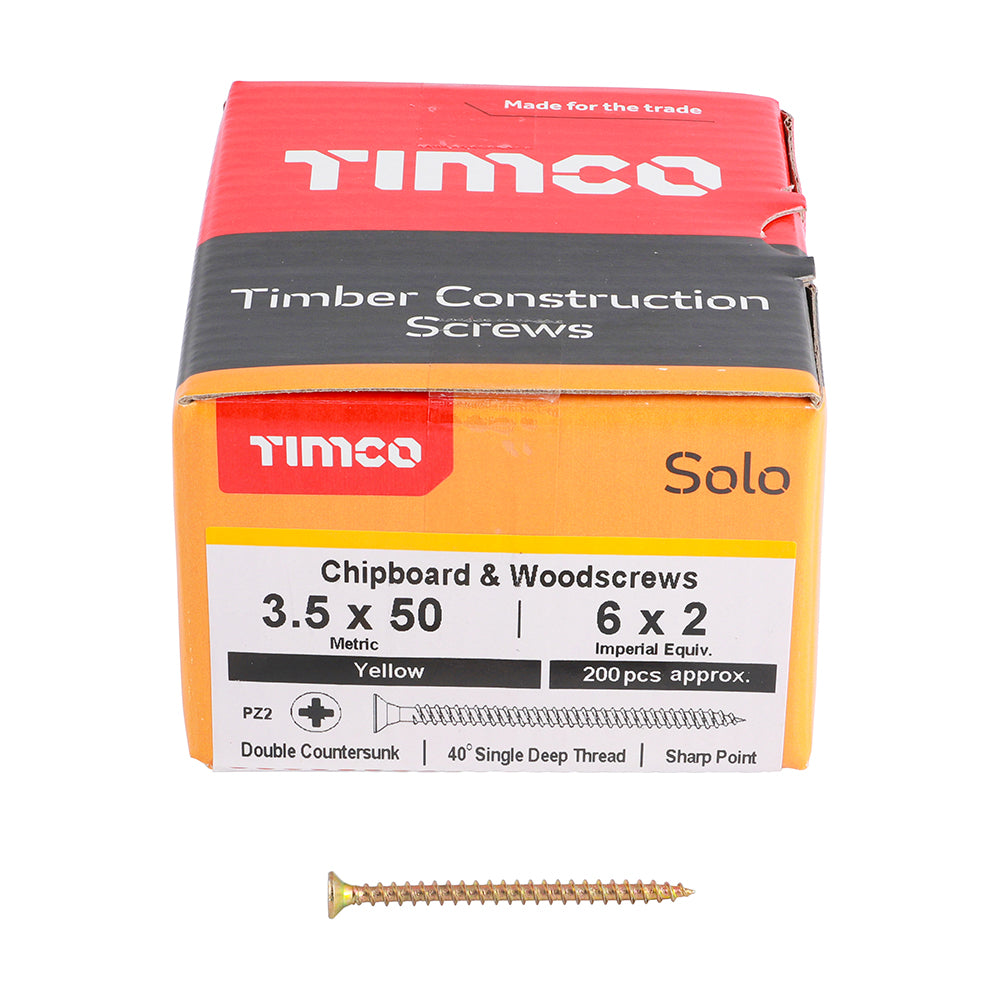 3.5 x 50 Solo Chipboard & Woodscrews - PZ - Double Countersunk - Yellow