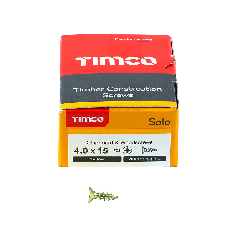 4.0 x 15 Solo Chipboard & Woodscrews - PZ - Double Countersunk - Yellow
