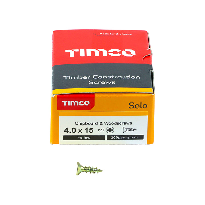 4.0 x 15 Solo Chipboard & Woodscrews - PZ - Double Countersunk - Yellow