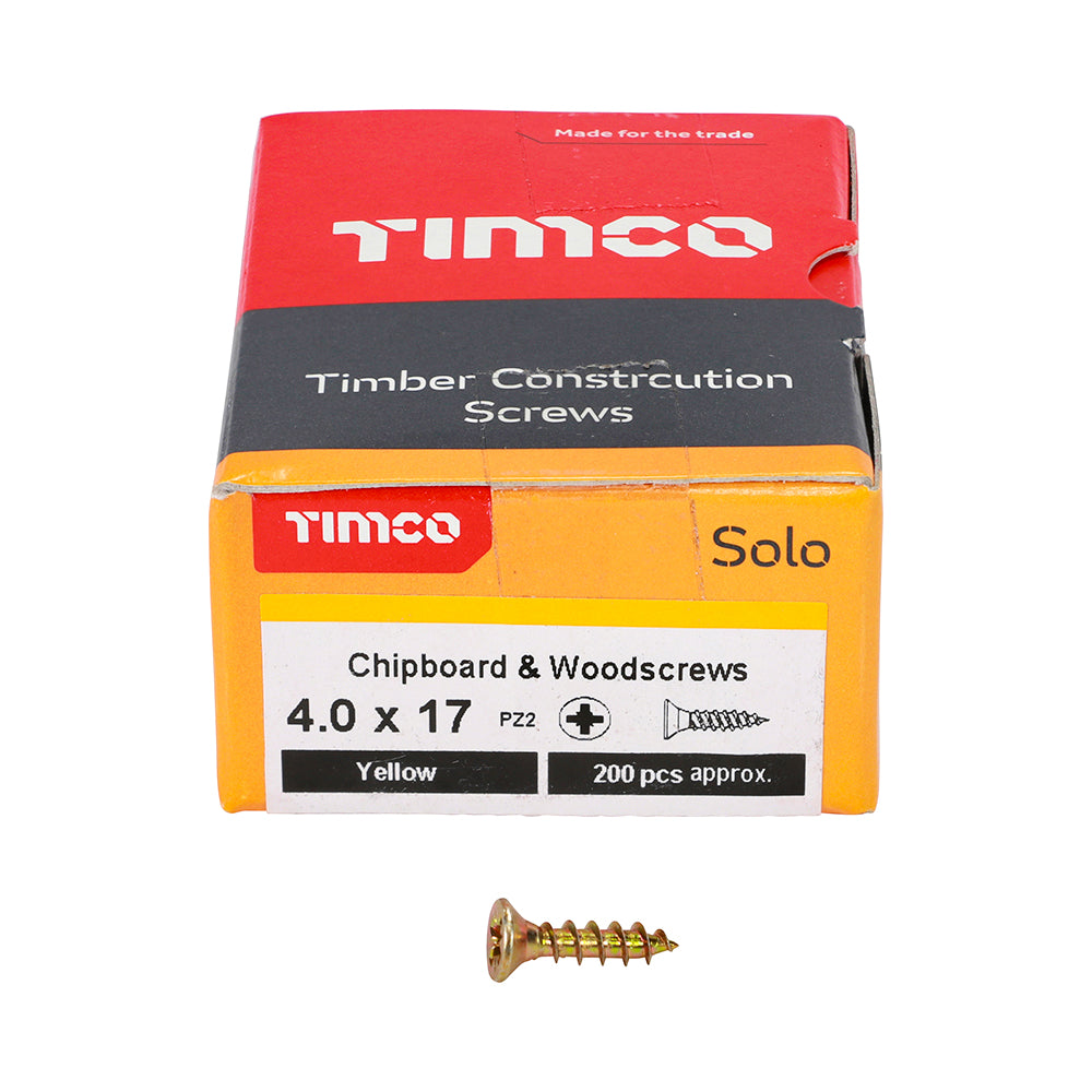 4.0 x 17 Solo Chipboard & Woodscrews - PZ - Double Countersunk - Yellow