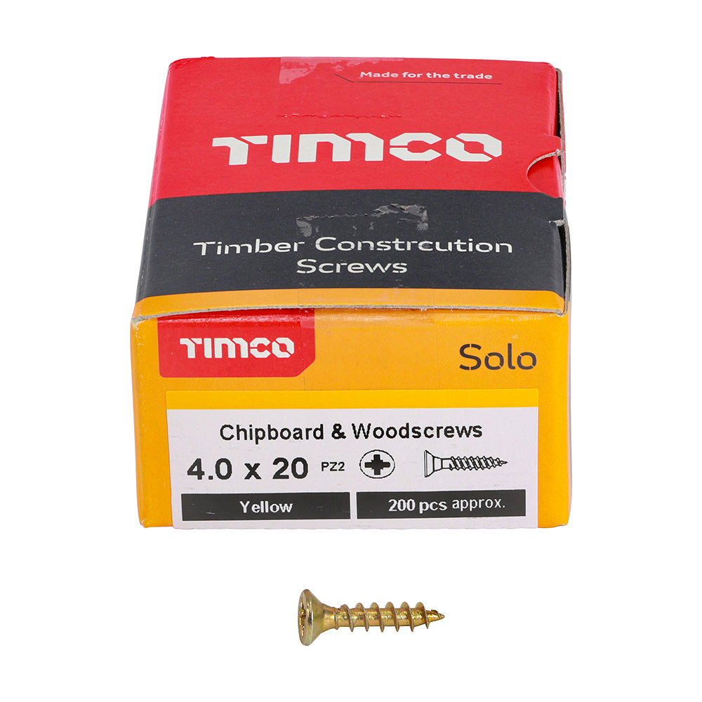 4.0 x 20 Solo Chipboard & Woodscrews - PZ - Double Countersunk - Yellow