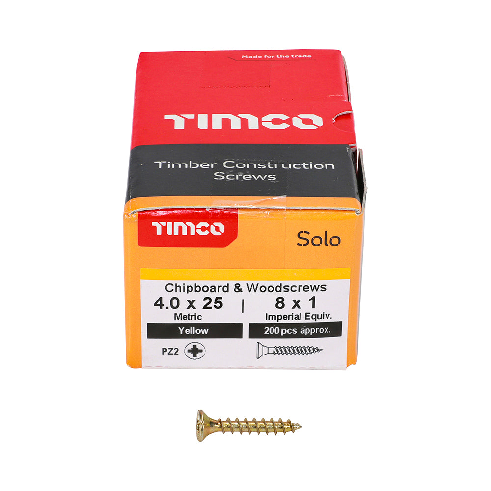 4.0 x 25 Solo Chipboard & Woodscrews - PZ - Double Countersunk - Yellow