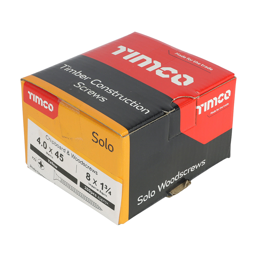 4.0 x 45 Solo Chipboard & Woodscrews - PZ - Double Countersunk - Yellow