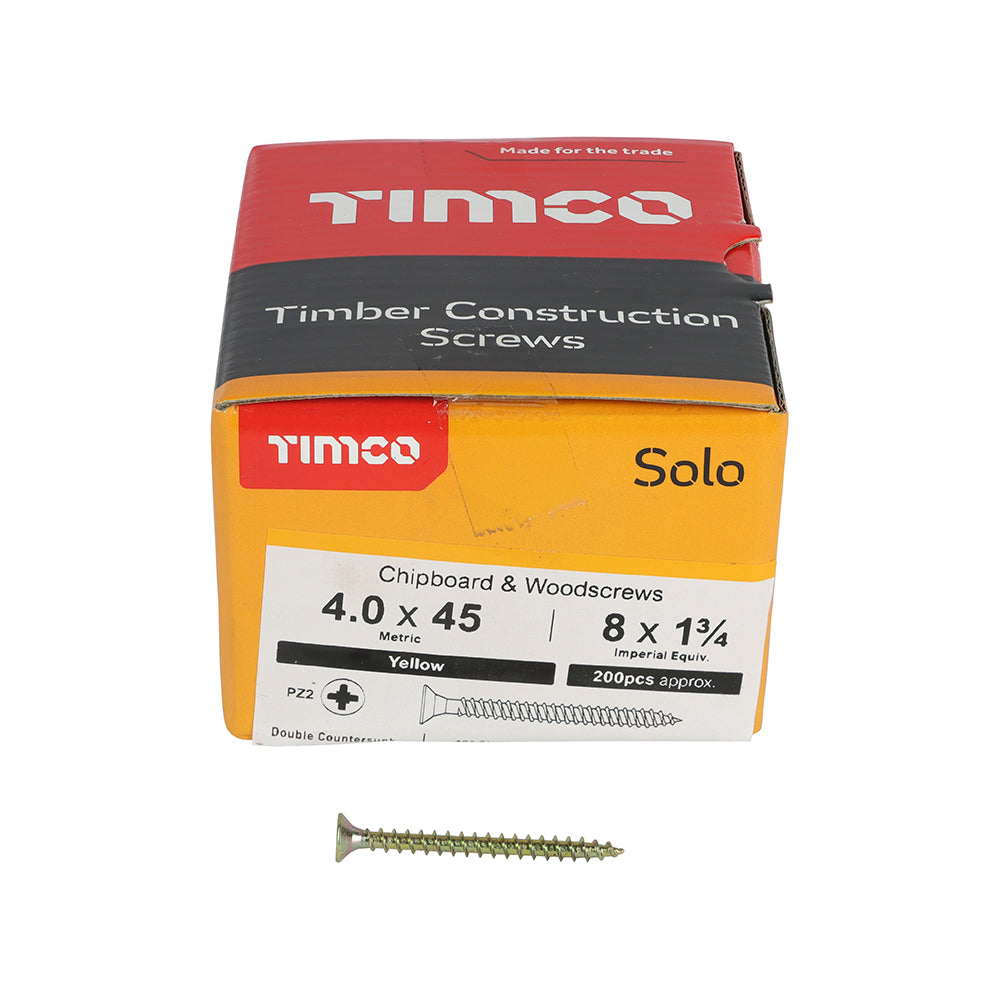 4.0 x 45 Solo Chipboard & Woodscrews - PZ - Double Countersunk - Yellow