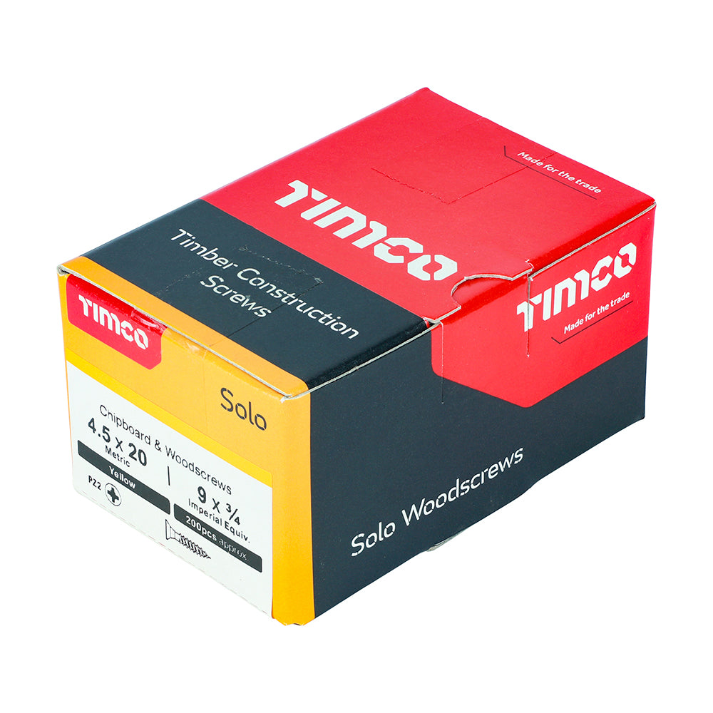 4.5 x 20 Solo Chipboard & Woodscrews - PZ - Double Countersunk - Yellow