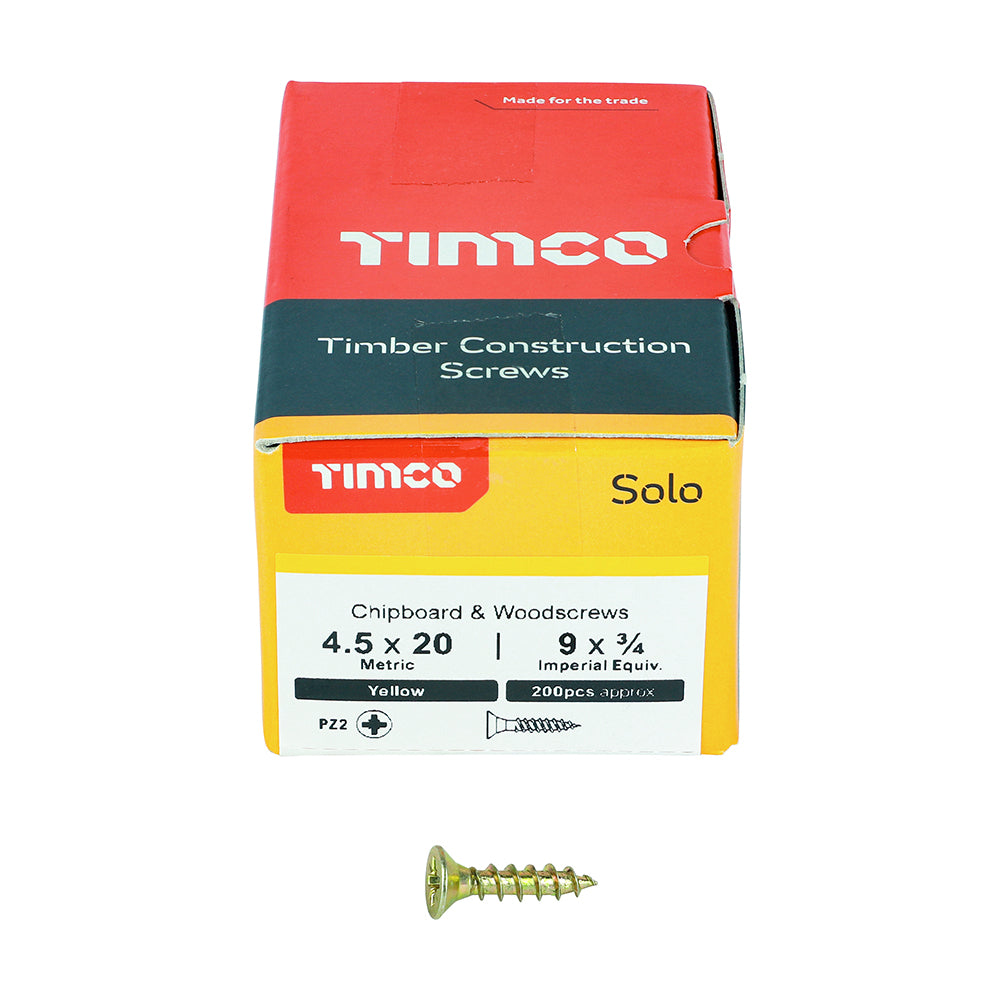 4.5 x 20 Solo Chipboard & Woodscrews - PZ - Double Countersunk - Yellow