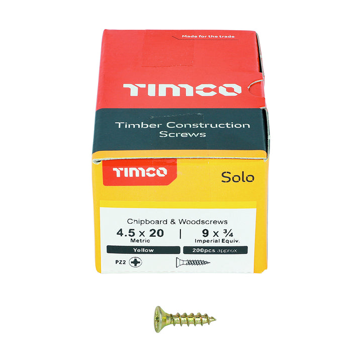 4.5 x 20 Solo Chipboard & Woodscrews - PZ - Double Countersunk - Yellow
