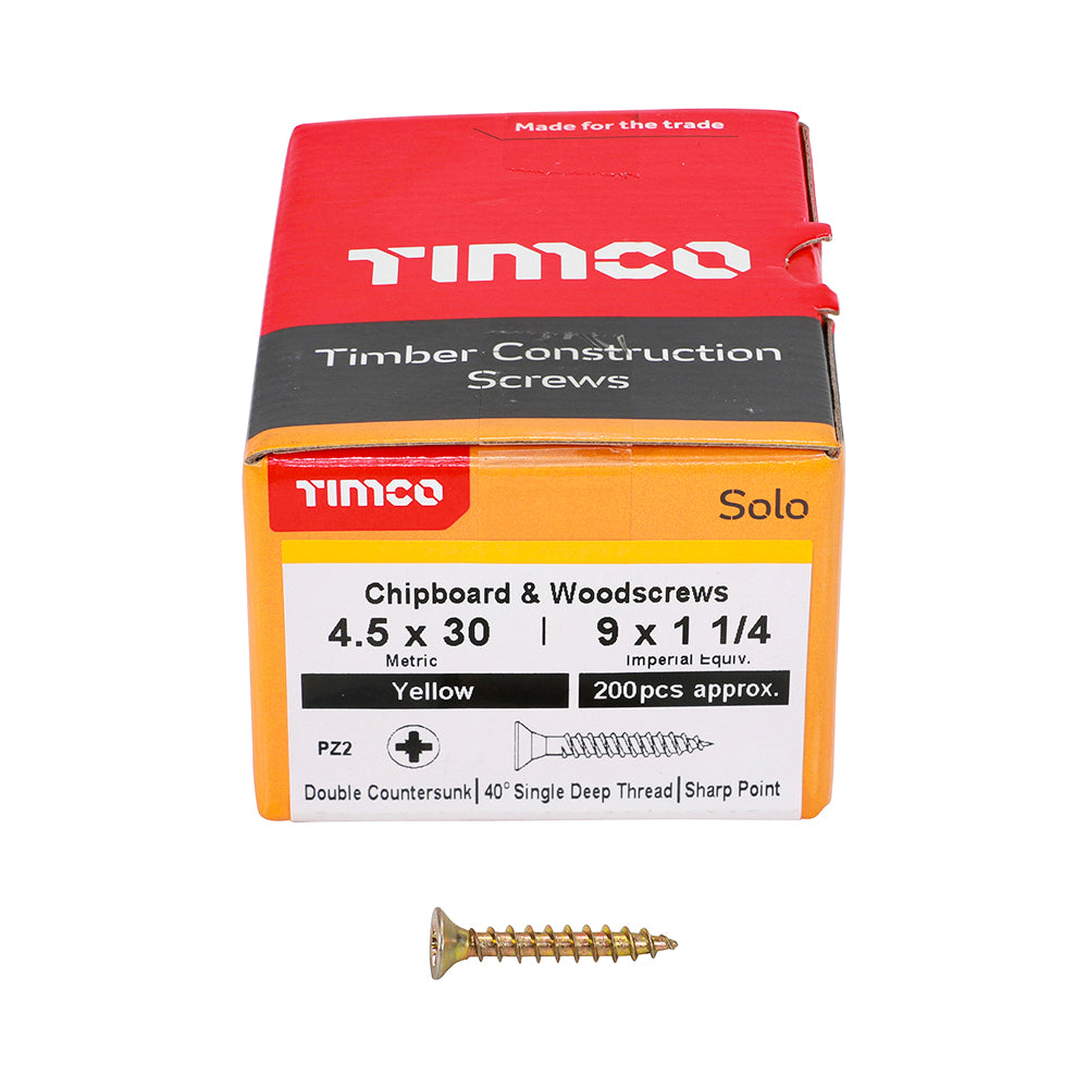 4.5 x 30 Solo Chipboard & Woodscrews - PZ - Double Countersunk - Yellow