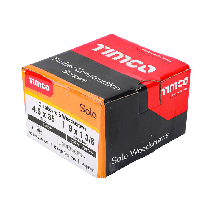 4.5 x 35 Solo Chipboard & Woodscrews - PZ - Double Countersunk - Yellow