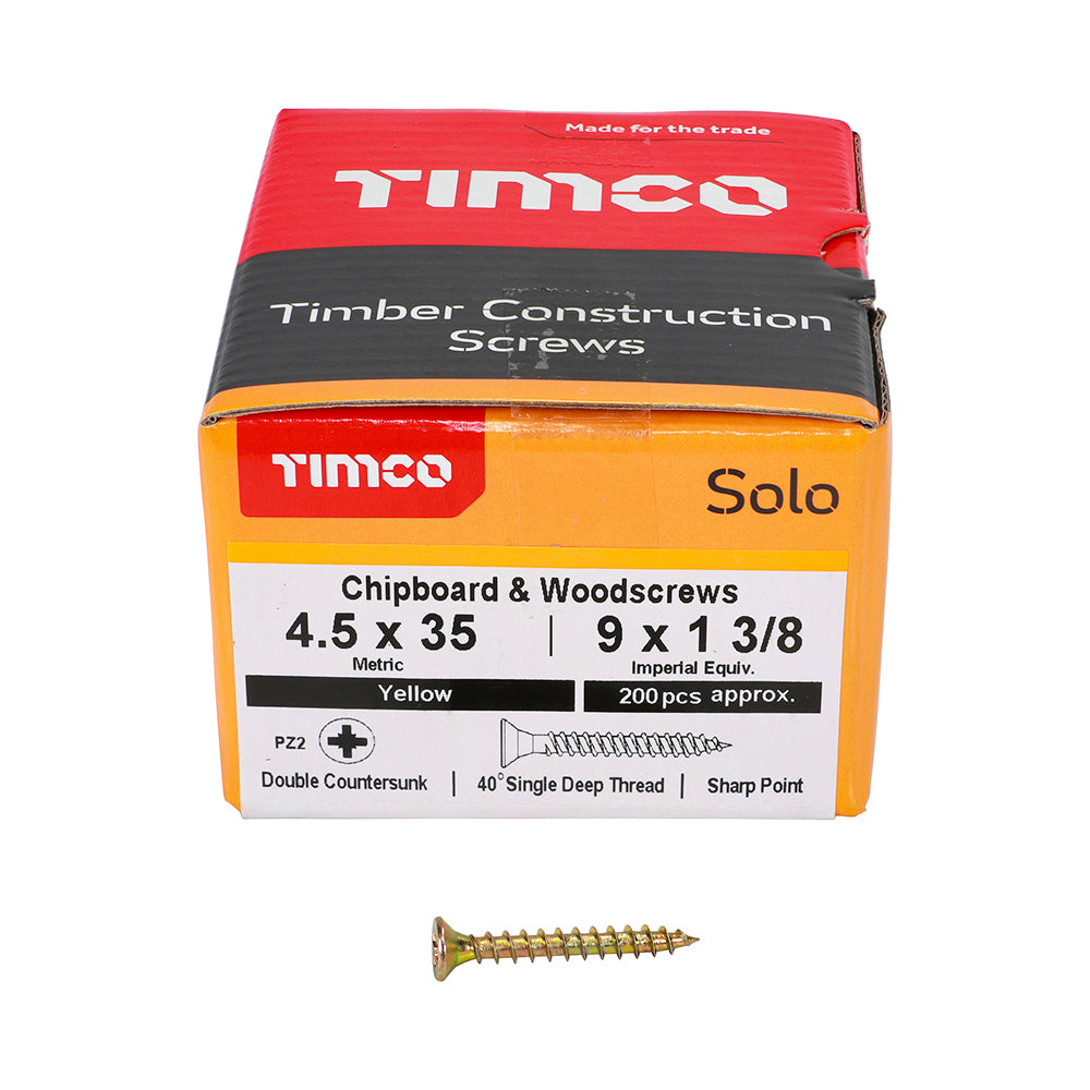 4.5 x 35 Solo Chipboard & Woodscrews - PZ - Double Countersunk - Yellow