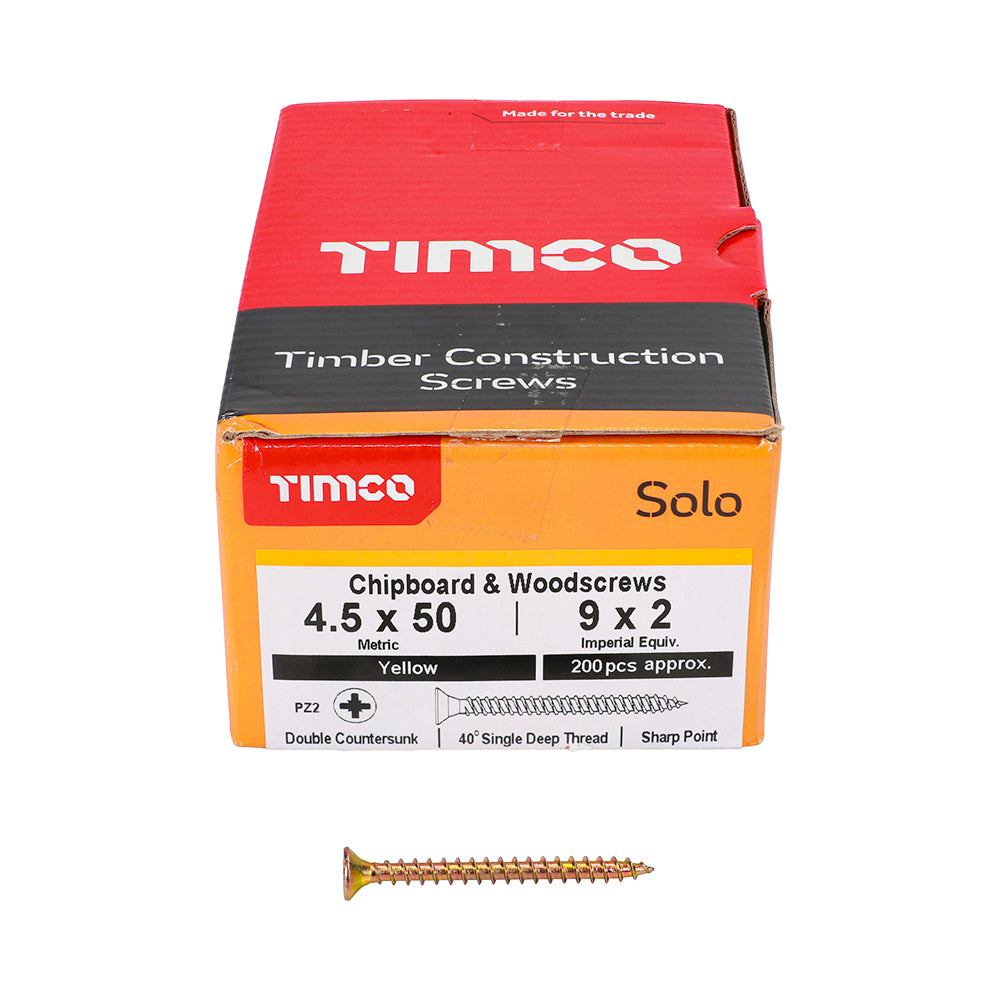 4.5 x 50 Solo Chipboard & Woodscrews - PZ - Double Countersunk - Yellow