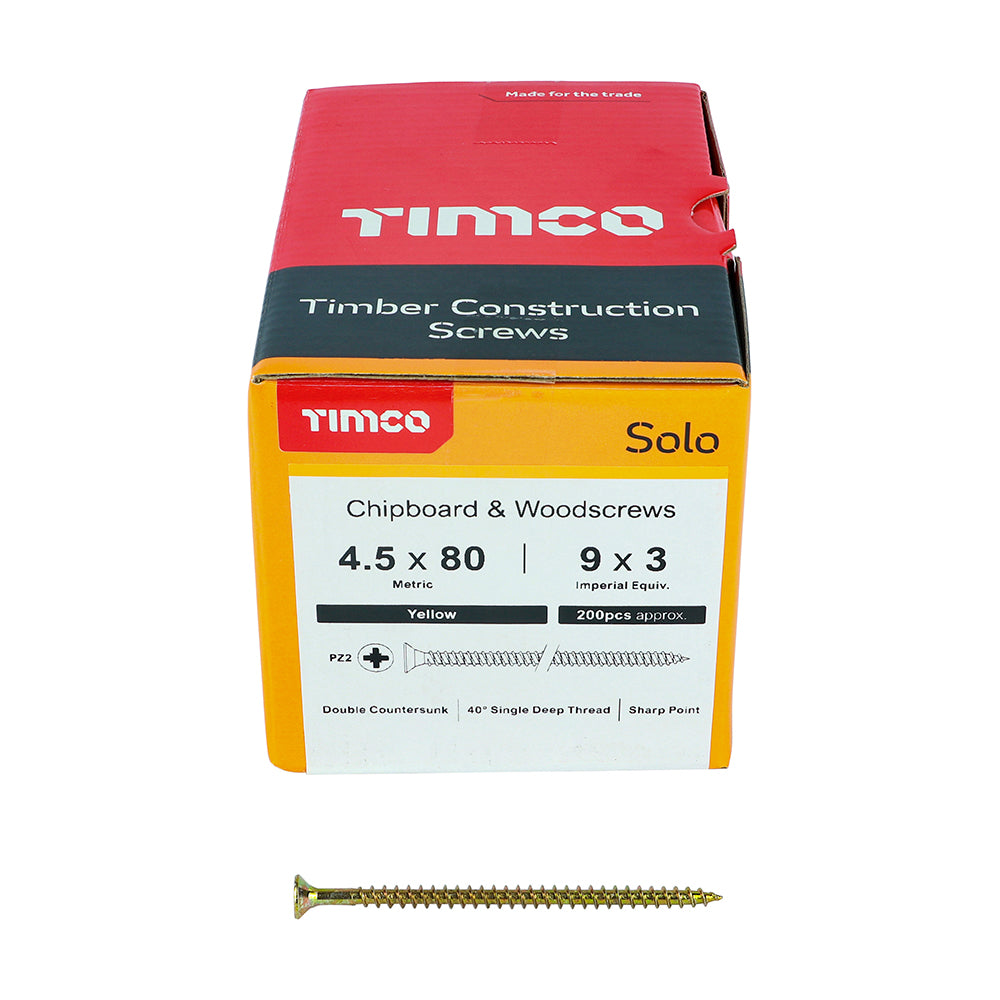 4.5 x 80 Solo Chipboard & Woodscrews - PZ - Double Countersunk - Yellow