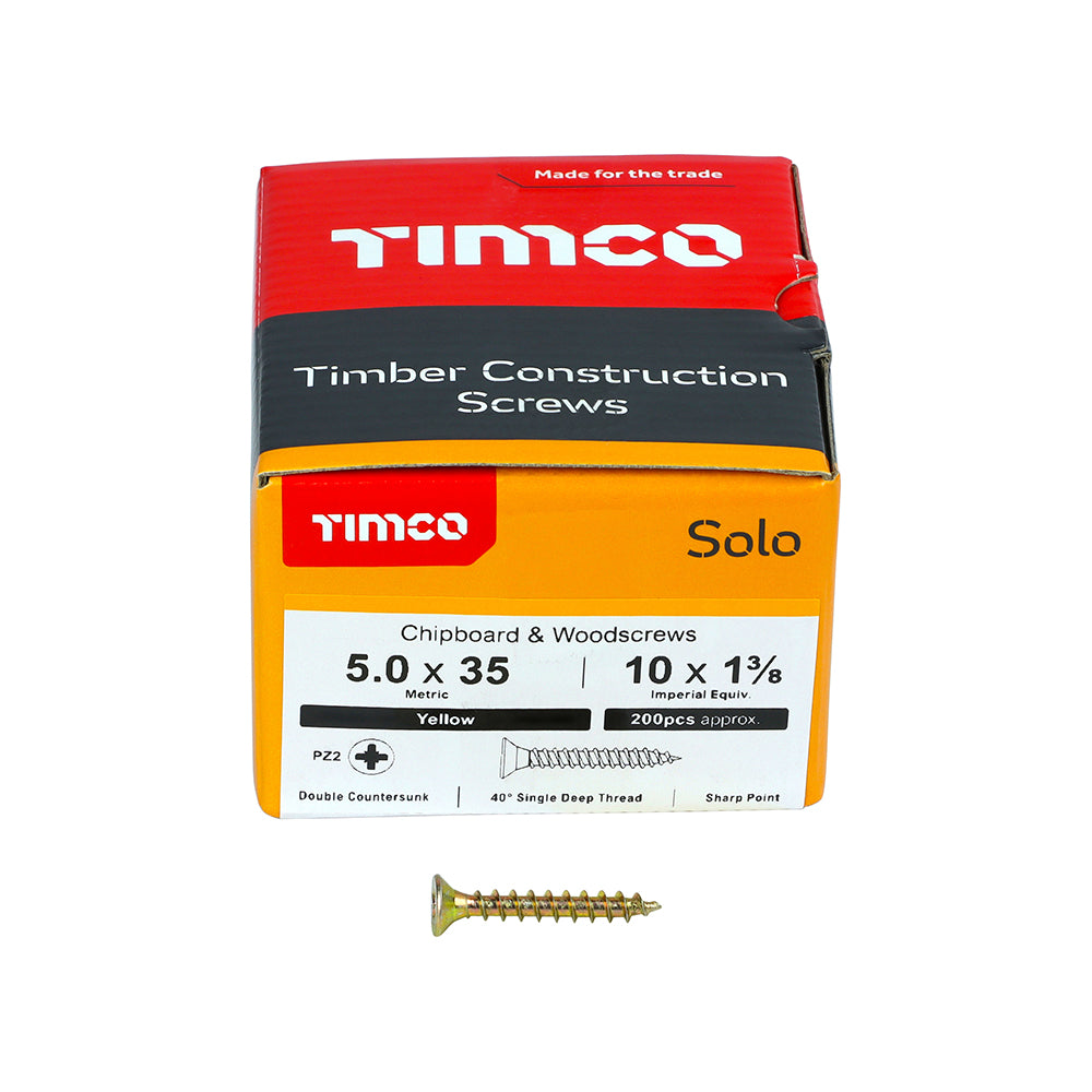 5.0 x 35 Solo Chipboard & Woodscrews - PZ - Double Countersunk - Yellow