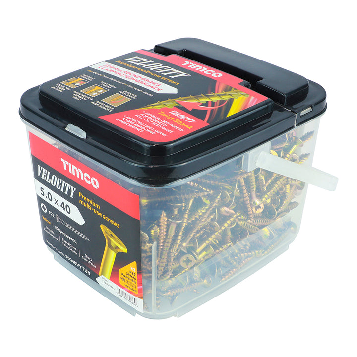 5.0 X 40 Velocity Premium Multi-Use Screws tub - PZ - Double Countersunk - Yellow