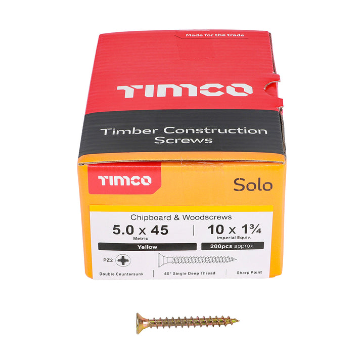 5.0 x 45 Solo Chipboard & Woodscrews - PZ - Double Countersunk - Yellow