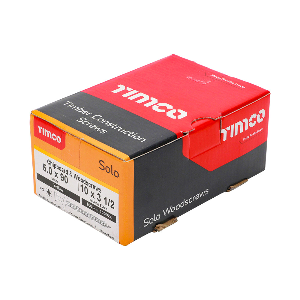 5.0 x 90 Solo Chipboard & Woodscrews - PZ - Double Countersunk - Yellow