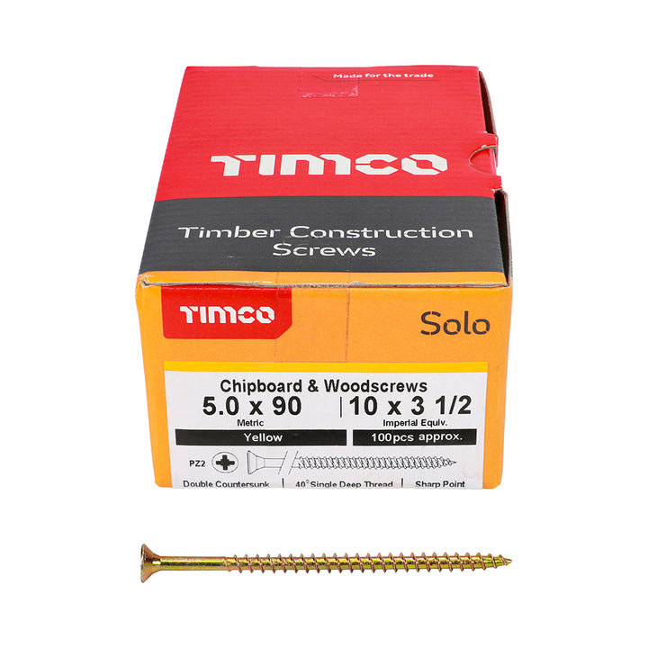 5.0 x 90 Solo Chipboard & Woodscrews - PZ - Double Countersunk - Yellow