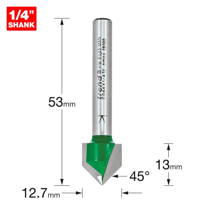 TREND - C044X1/4TC - Chamfer V groove cutter angle=45 degrees