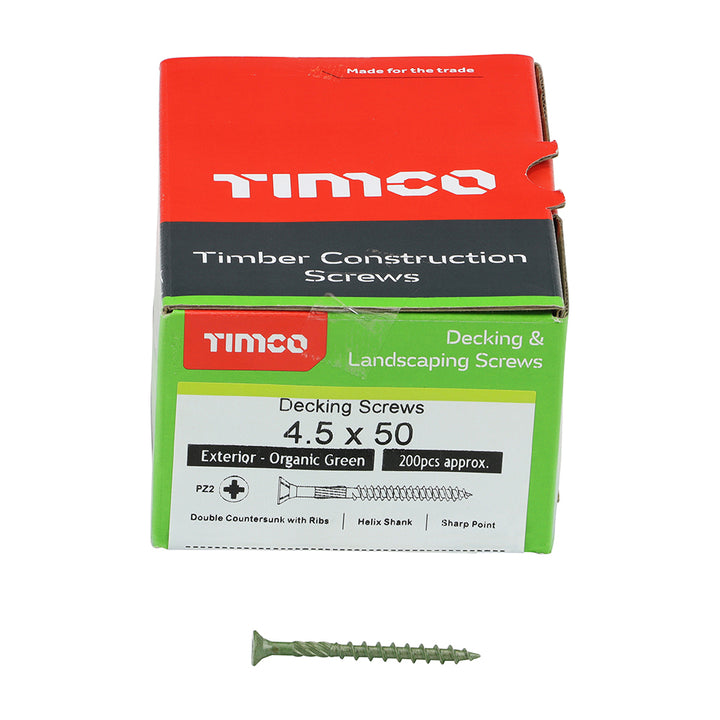 Timber Decking Screws - 4.5 x 50 PZ - Double Countersunk - Exterior - Green - 200 Box Qty - Dynamite Hardware