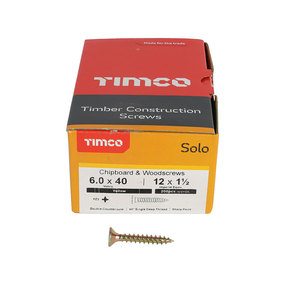 6.0 x 40 Solo Chipboard & Woodscrews - PZ - Double Countersunk - Yellow