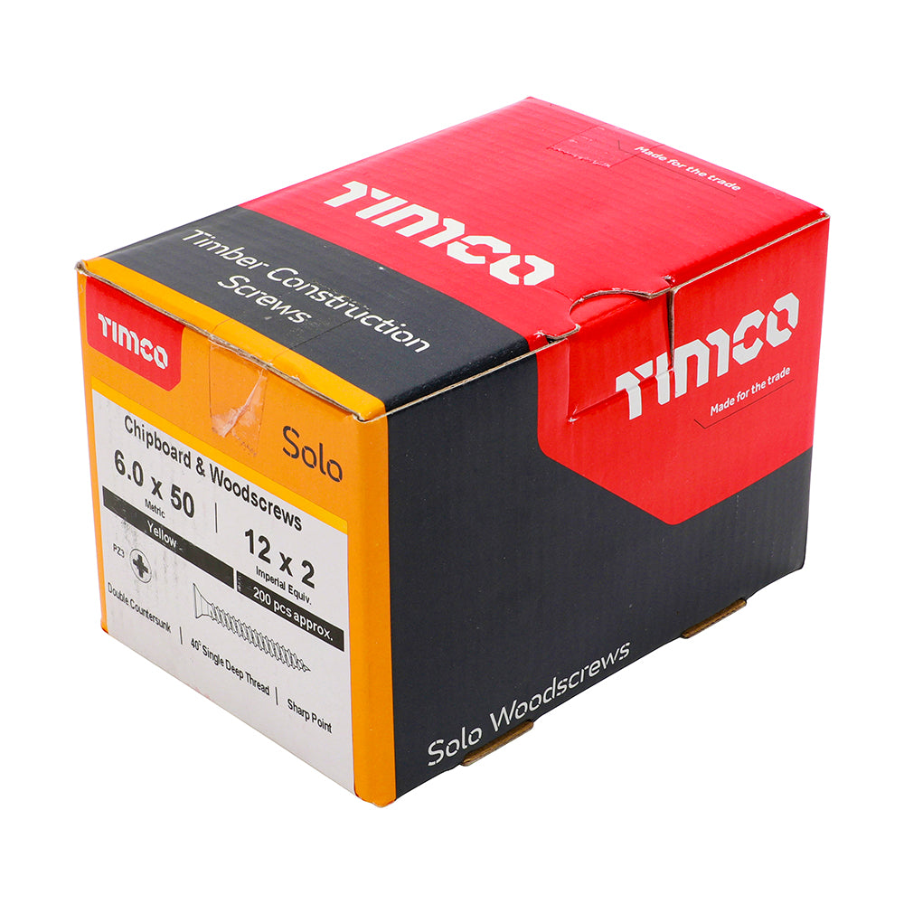 6.0 x 50 Solo Chipboard & Woodscrews - PZ - Double Countersunk - Yellow