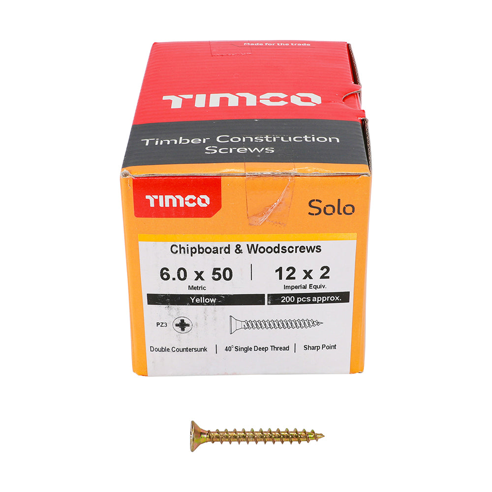 6.0 x 50 Solo Chipboard & Woodscrews - PZ - Double Countersunk - Yellow