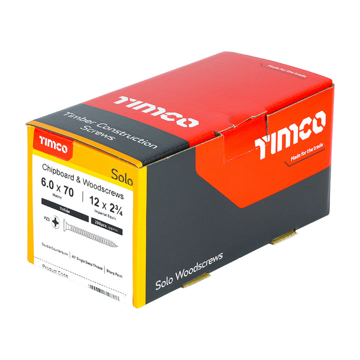 6.0 x 70 Solo Chipboard & Woodscrews - PZ - Double Countersunk - Yellow
