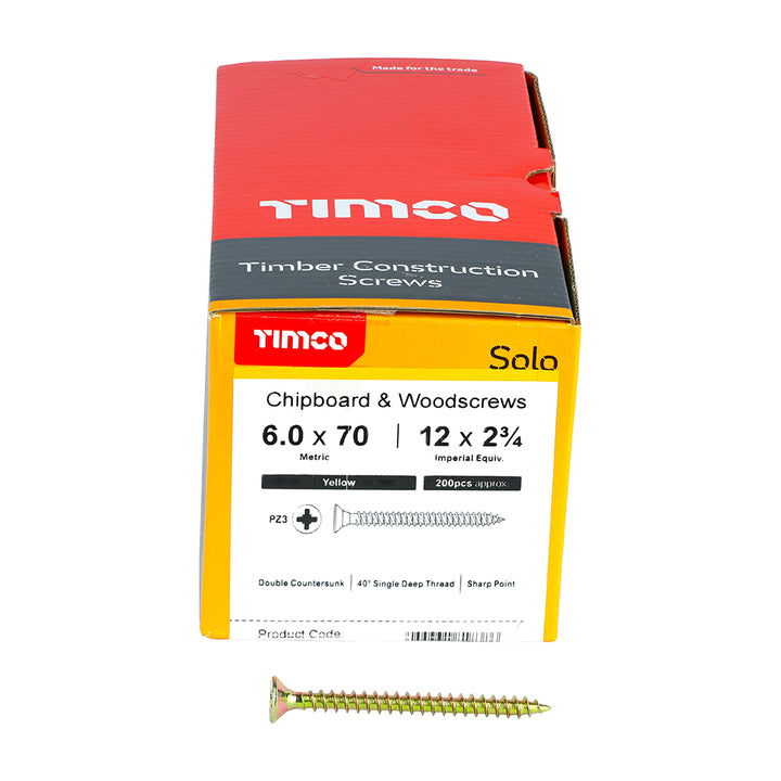6.0 x 70 Solo Chipboard & Woodscrews - PZ - Double Countersunk - Yellow