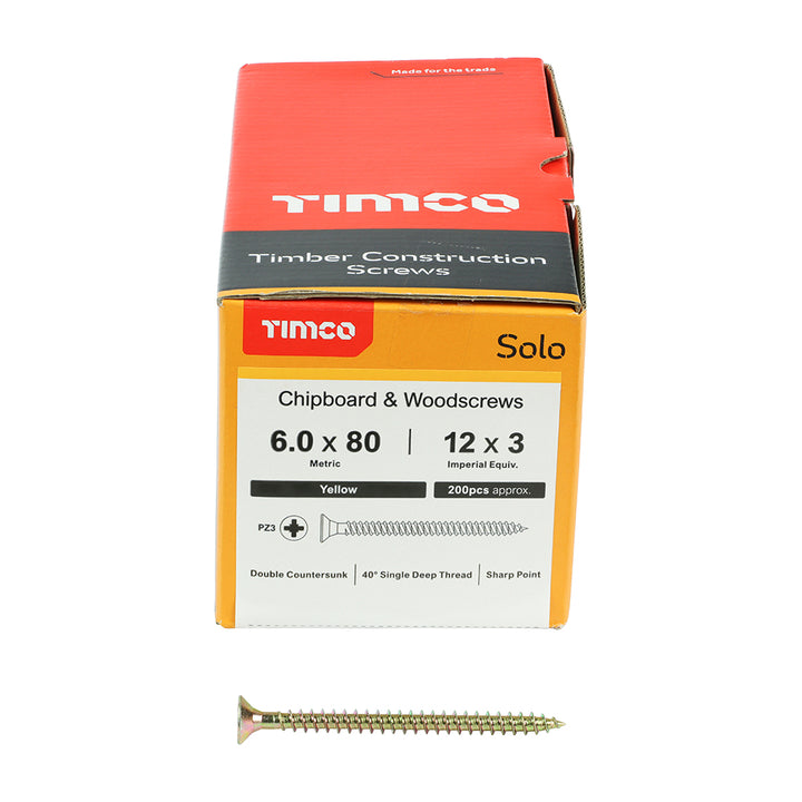 6.0 x 80 Solo Chipboard & Woodscrews - PZ - Double Countersunk - Yellow