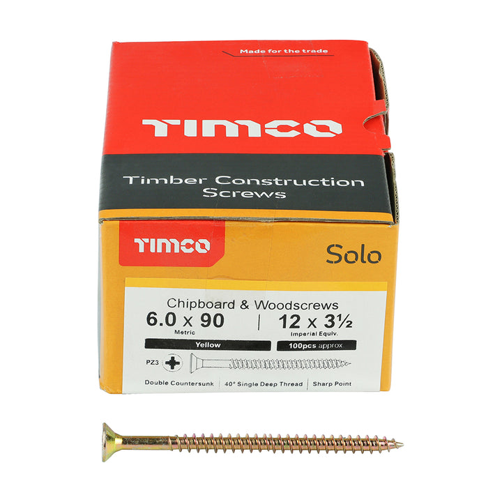 6.0 x 90 Solo Chipboard & Woodscrews - PZ - Double Countersunk - Yellow