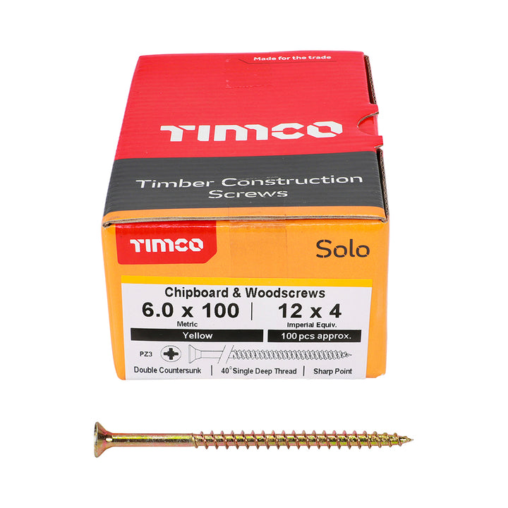 6.0 x 100 Solo Chipboard & Woodscrews - PZ - Double Countersunk - Yellow