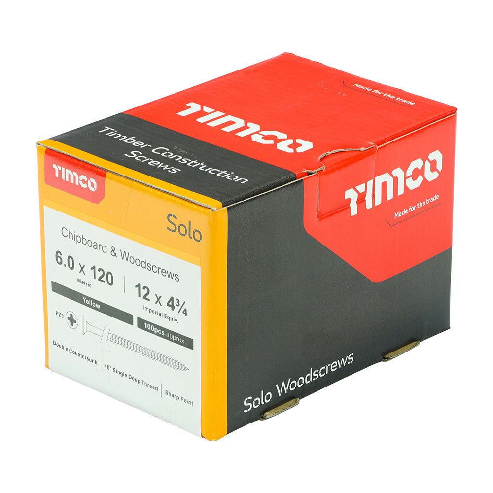 6.0 x 120 Solo Chipboard & Woodscrews - PZ - Double Countersunk - Yellow