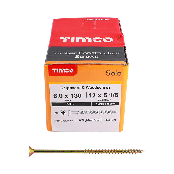 6.0 x 130 Solo Chipboard & Woodscrews - PZ - Double Countersunk - Yellow