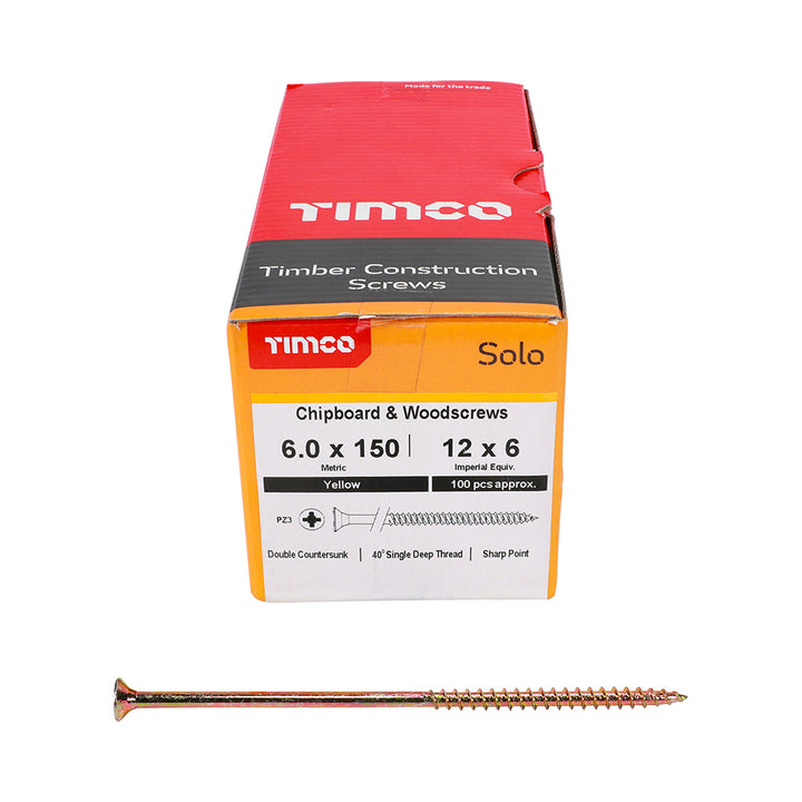 6.0 x 150 Solo Chipboard & Woodscrews - PZ - Double Countersunk - Yellow