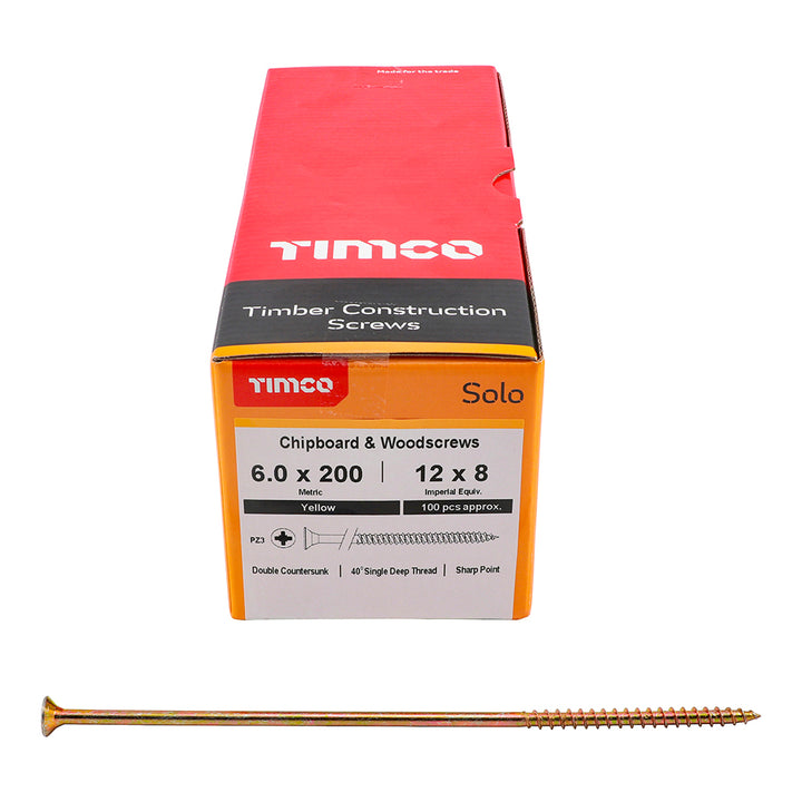 6.0 x 200 Solo Chipboard & Woodscrews - PZ - Double Countersunk - Yellow