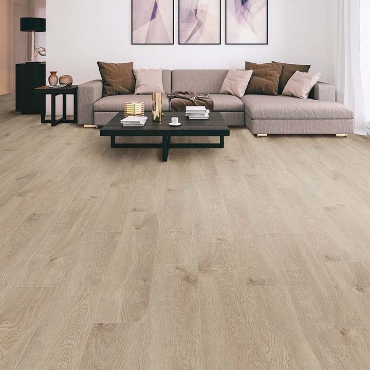 Granada Oak 12mm AC5 Aqua Laminate Flooring installed in a room