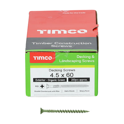 Timber Decking Screws - 4.5 x 60 PZ - Double Countersunk - Exterior - Green - 200 Box Qty