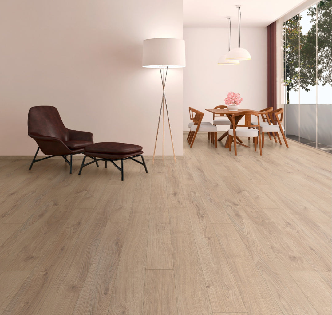 Geneva Oak 12mm AC5 Laminate Flooring installed in a room
