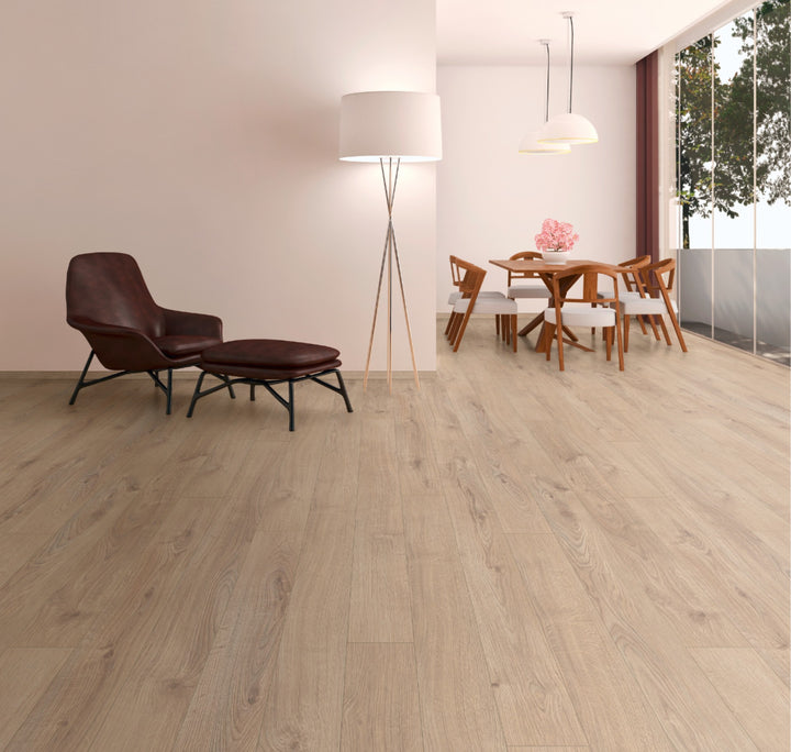 Geneva Oak 12mm AC5 Laminate Flooring installed in a room