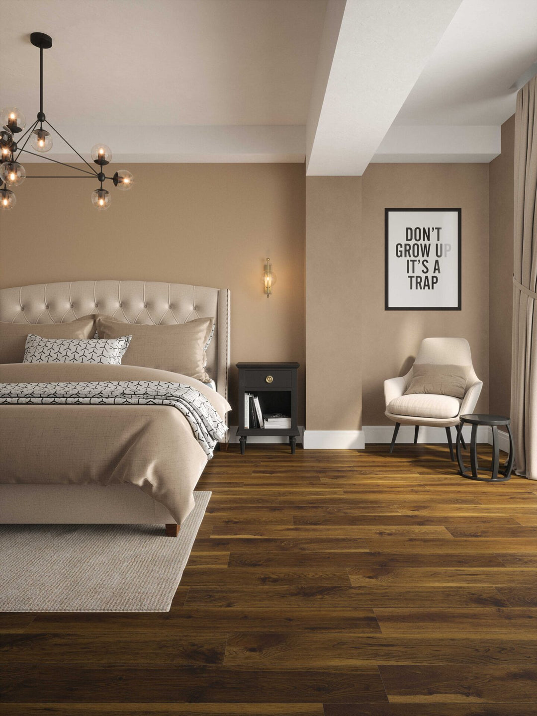 Smoked Cathedral Oak Plank Aqua 72 12mm AC5 Laminate Flooring installed in a bedroom