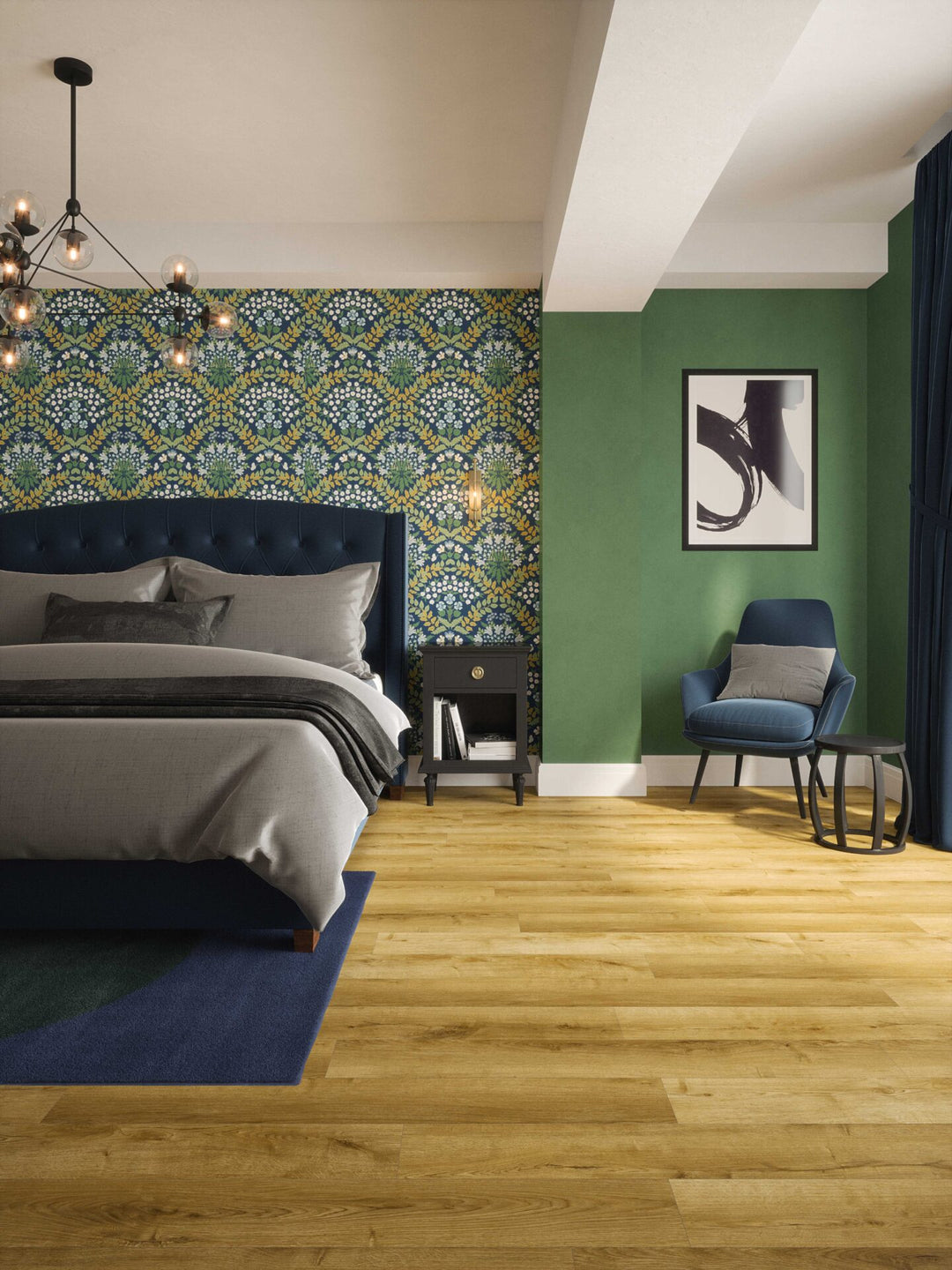 Stade Oak Plank Aqua 72 12mm AC5 Laminate Flooring installed in a bedroom